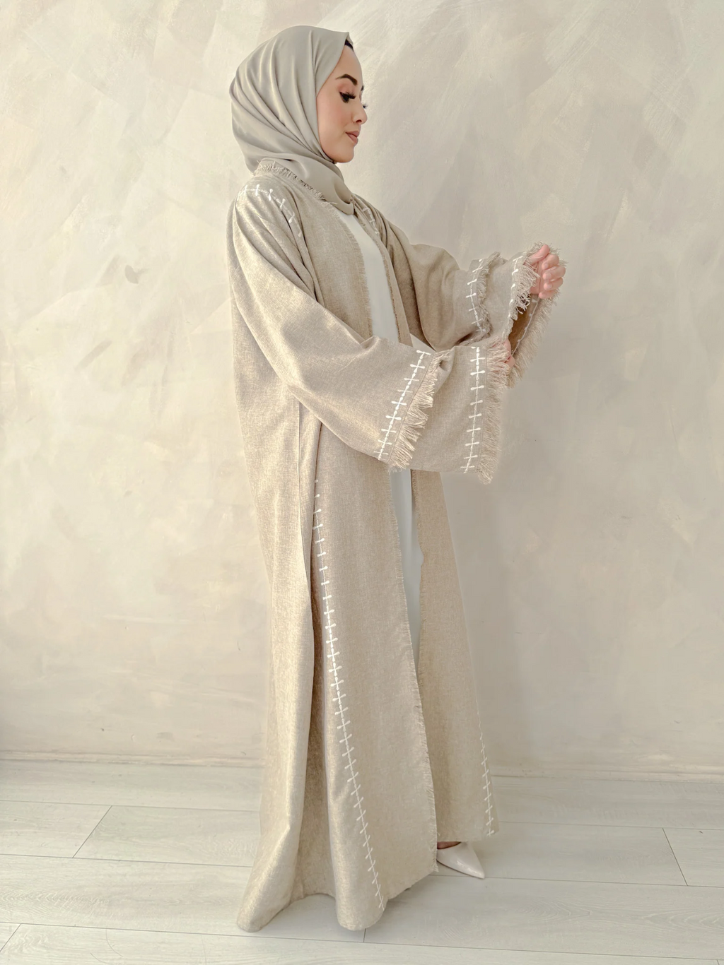 Oatmeal Linen Blend Frayed Sleeve Open Abaya