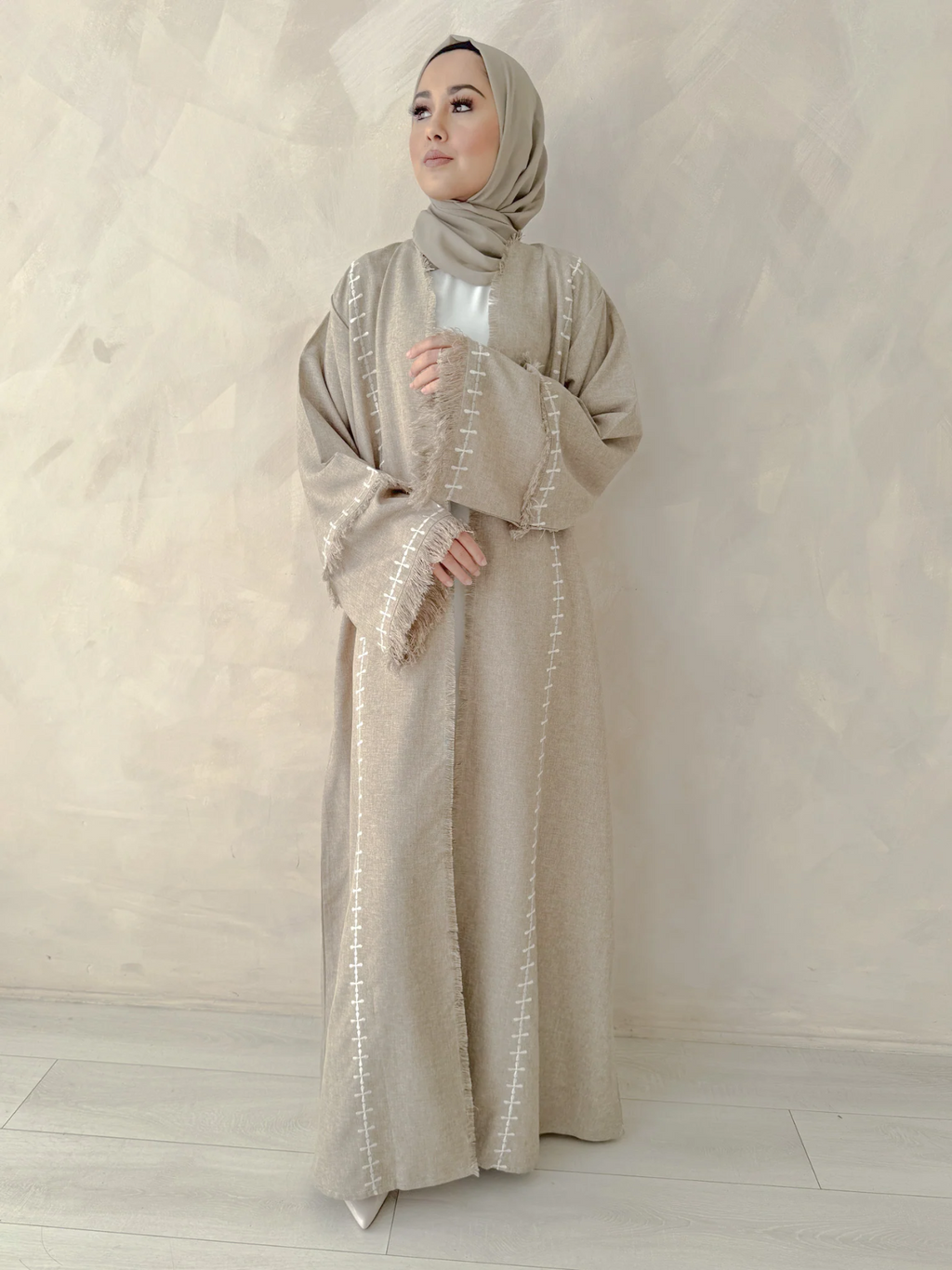 Oatmeal Linen Blend Frayed Sleeve Open Abaya