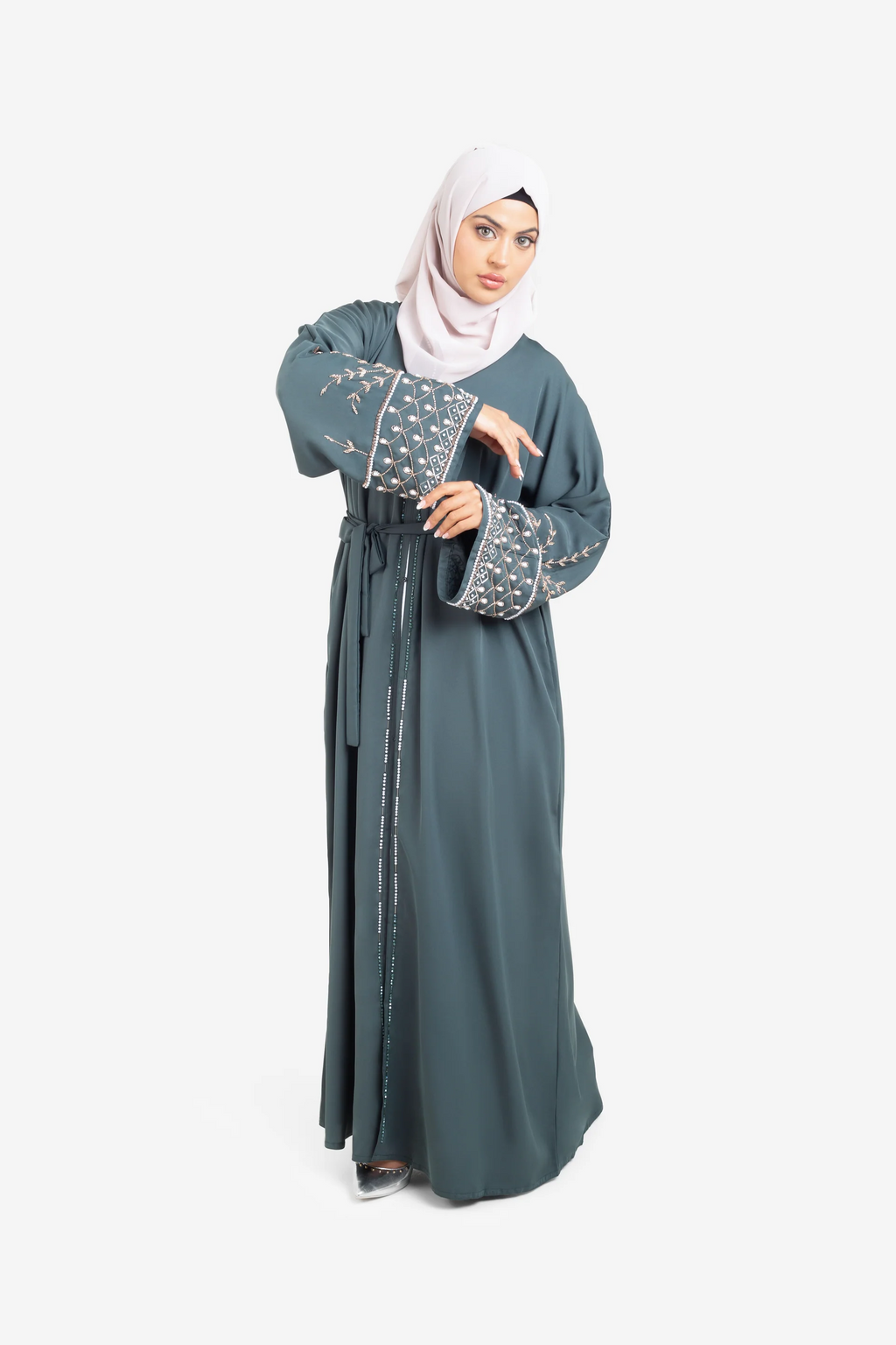 Forest Green Open Abaya With Detailed Embellished Sleeves