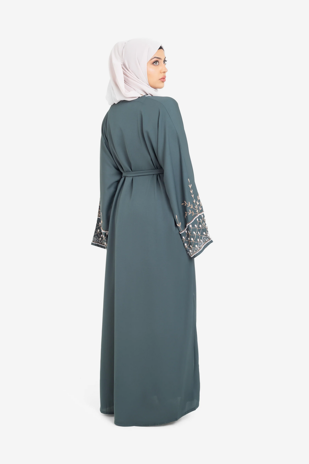 Forest Green Open Abaya With Detailed Embellished Sleeves