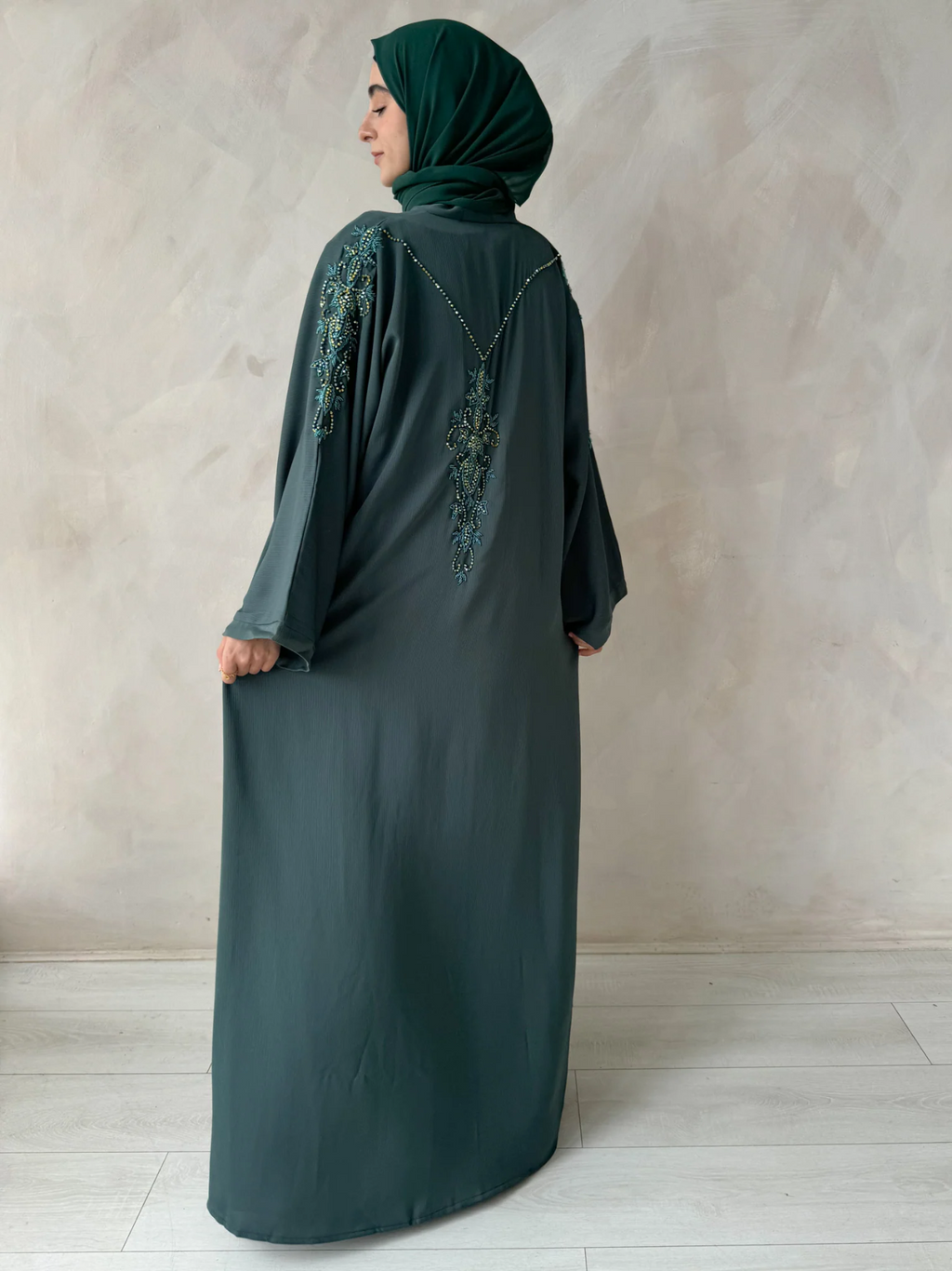 Premium Pine Green Hand Embellished Open Abaya With Green Back