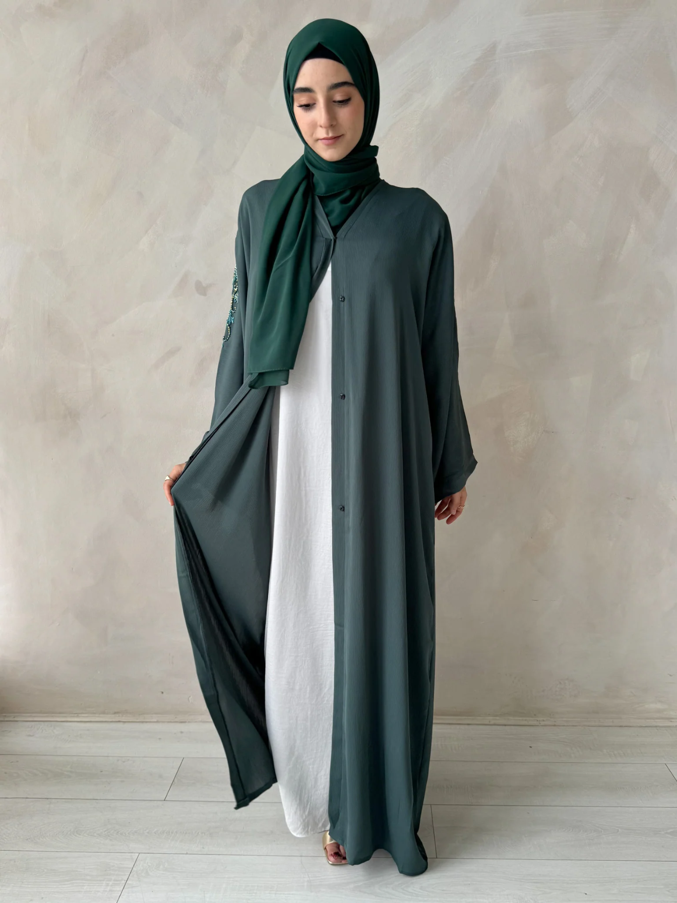 Premium Pine Green Hand Embellished Open Abaya With Green Back