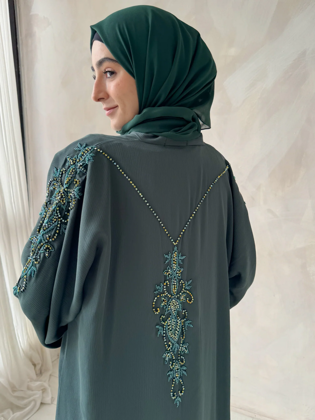 Premium Pine Green Hand Embellished Open Abaya With Green Back