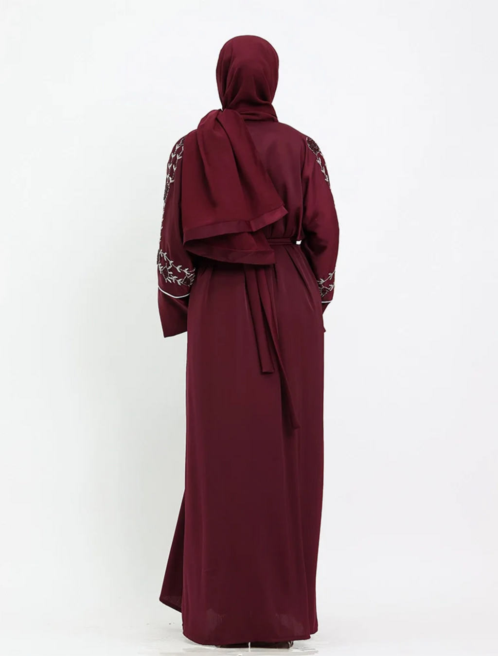 Maroon Floral Embellished Open Abaya