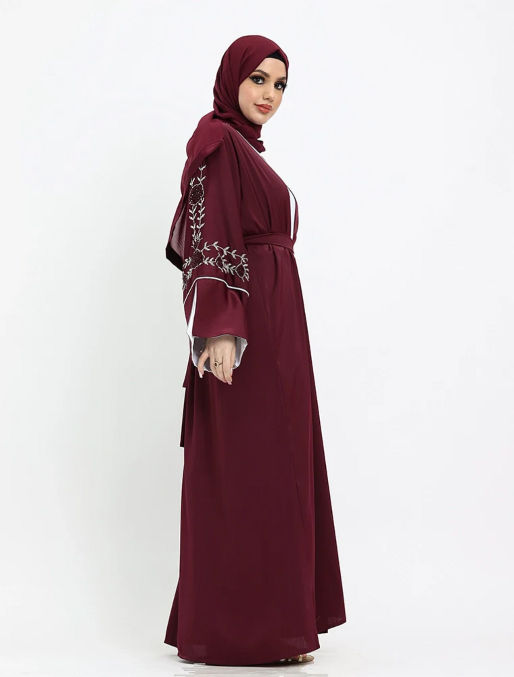 Maroon Floral Embellished Open Abaya