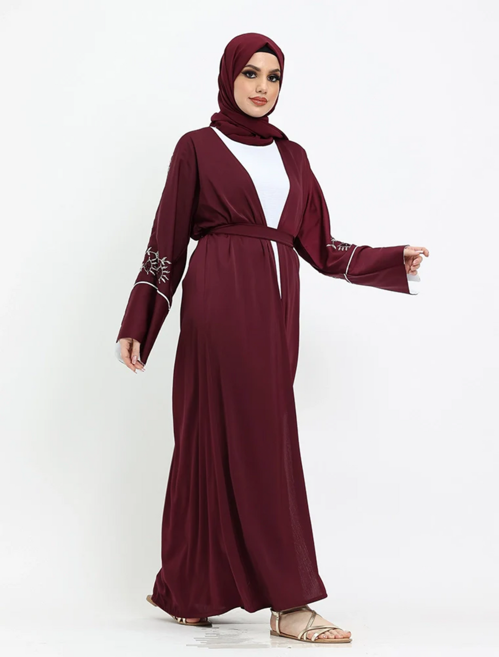 Maroon Floral Embellished Open Abaya