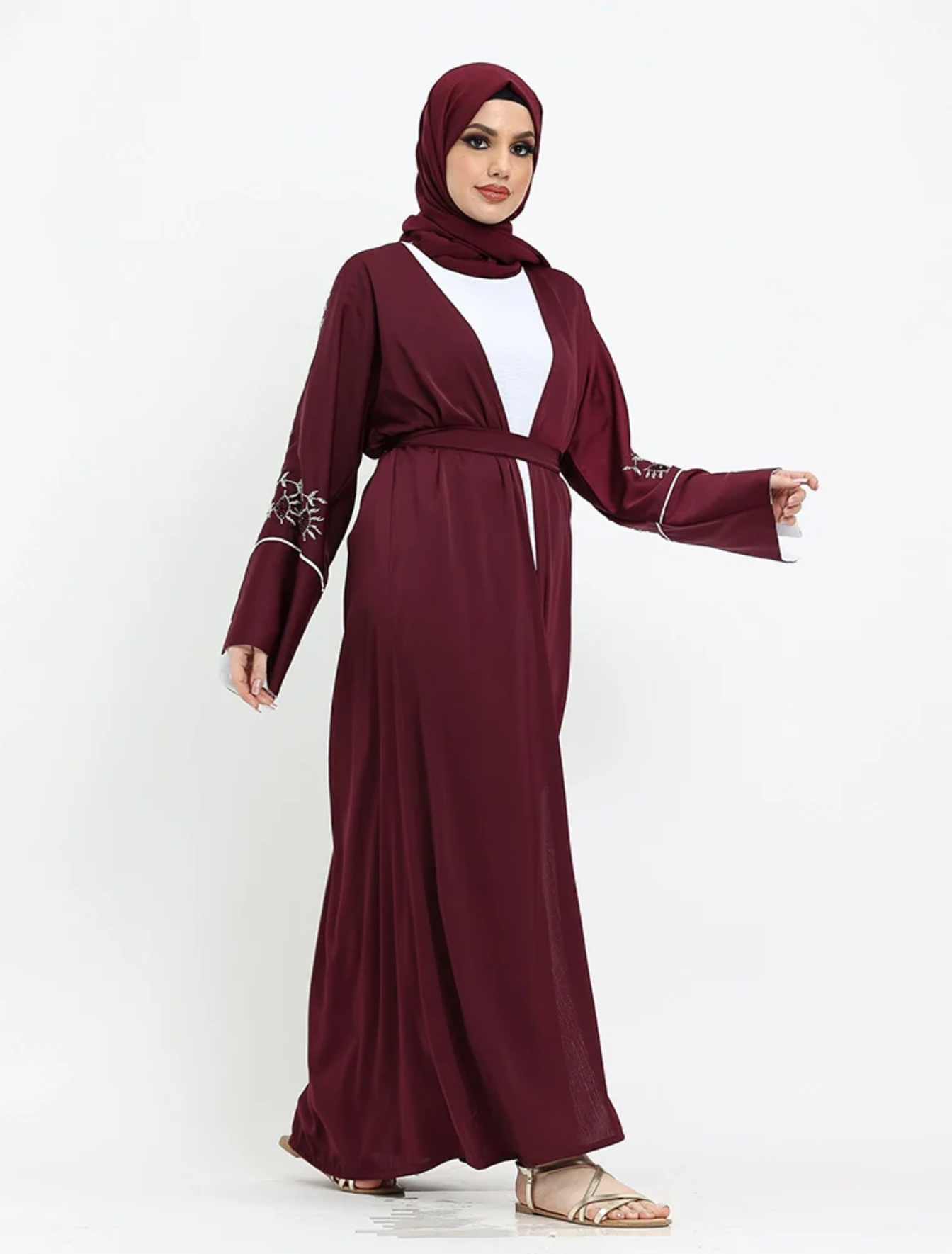Maroon Floral Embellished Open Abaya