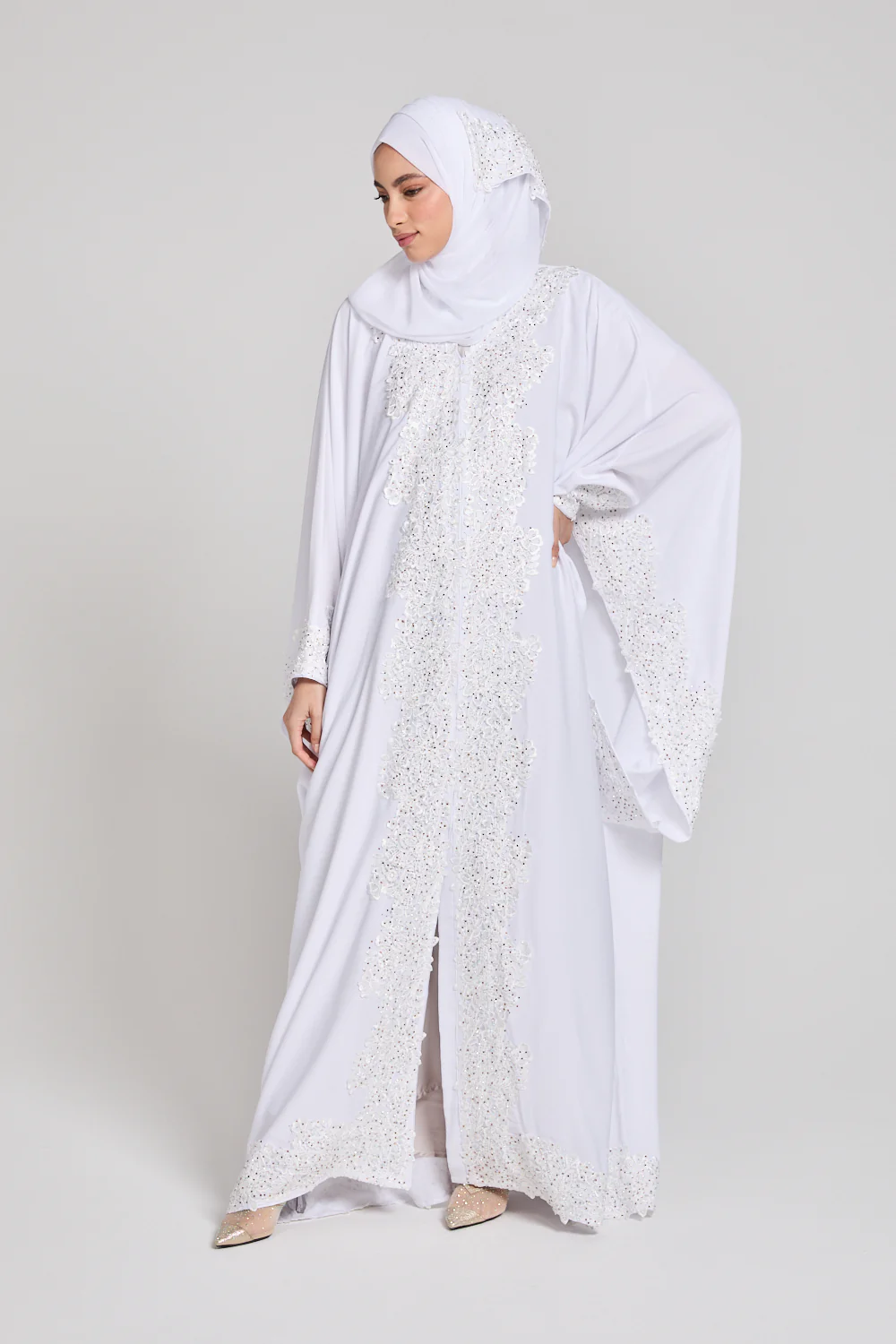 Luxury White Embellished Lace Open Farasha