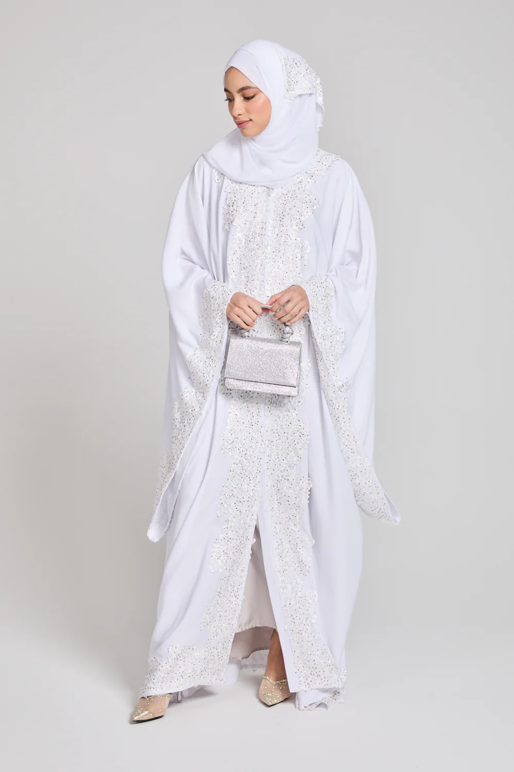 Luxury White Embellished Lace Open Farasha