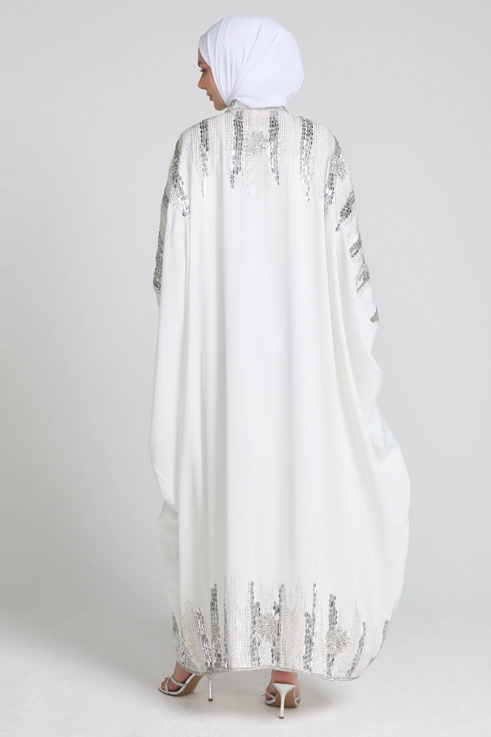 Luxury Cosmic Blossom Embellished Open Abaya with Front Zip - White