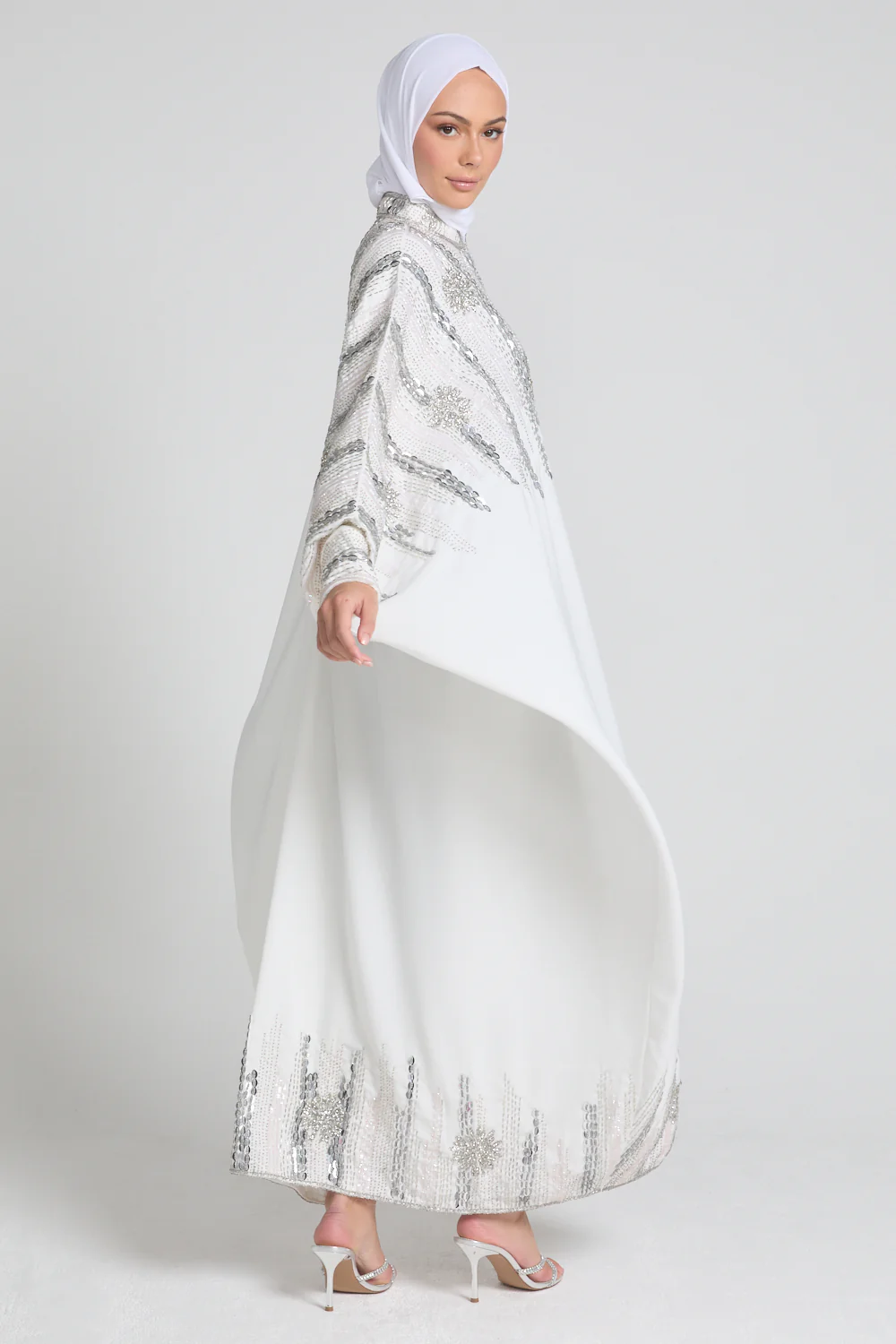 Luxury Cosmic Blossom Embellished Open Abaya with Front Zip - White