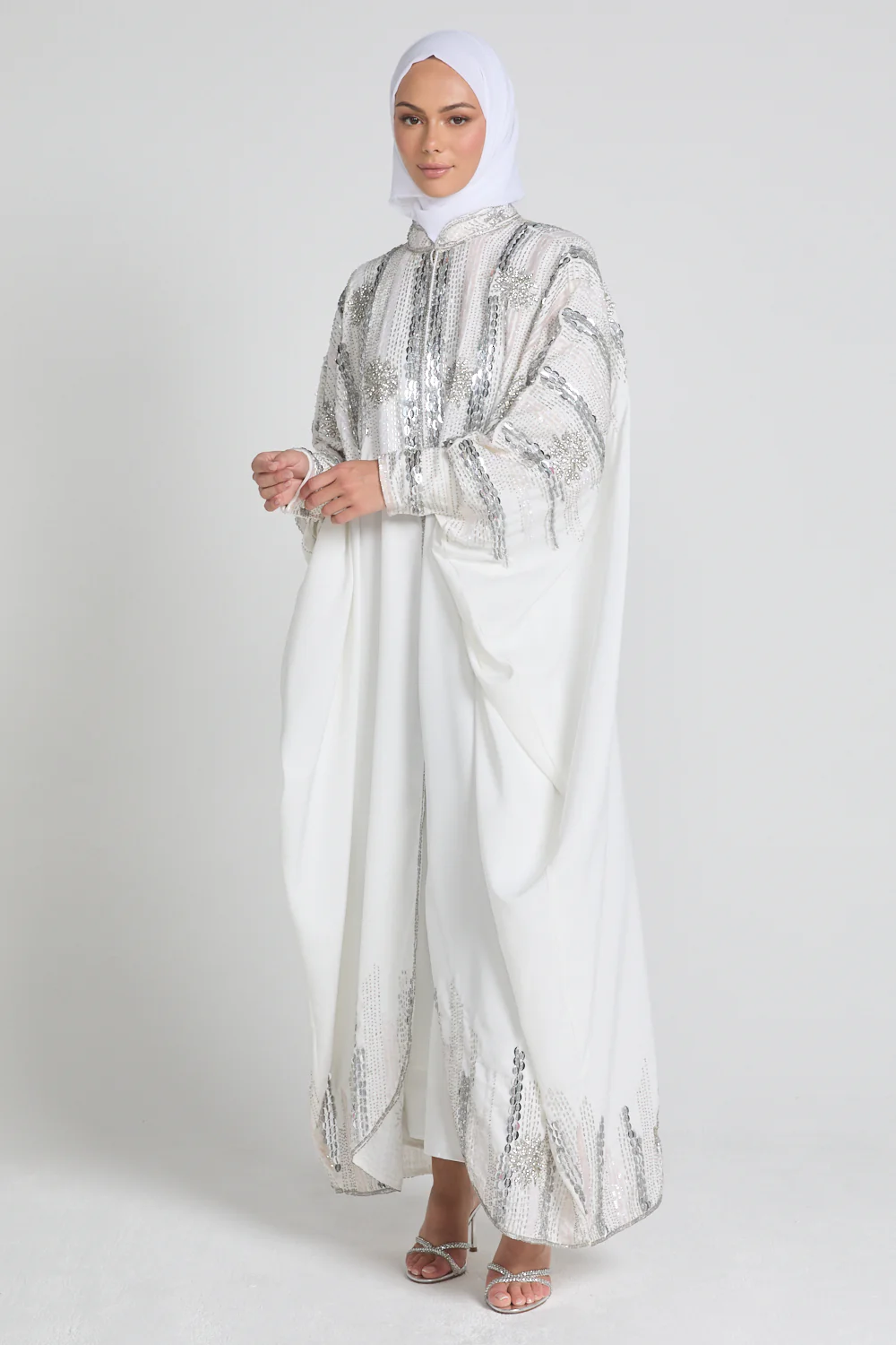 Luxury Cosmic Blossom Embellished Open Abaya with Front Zip - White