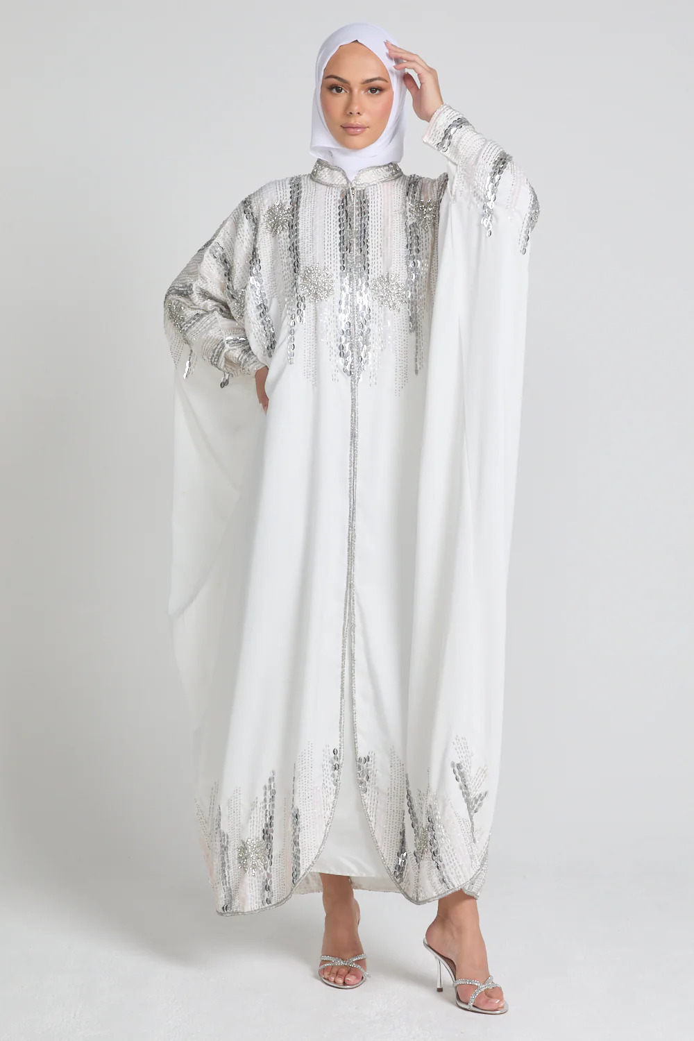 Luxury Cosmic Blossom Embellished Open Abaya with Front Zip - White