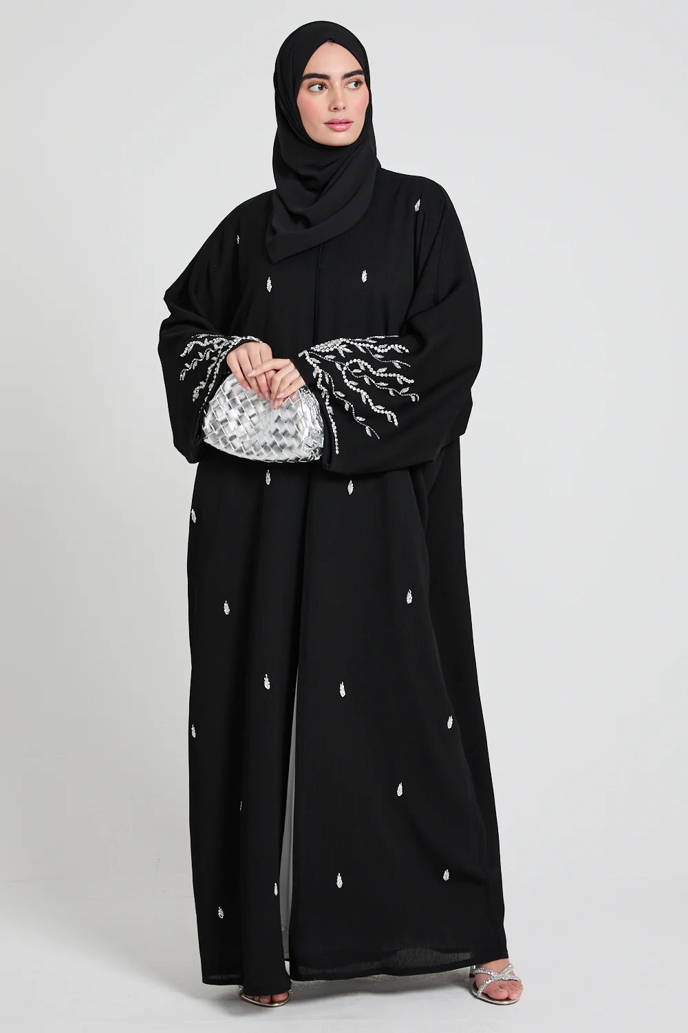 Premium Textured Embellished Open Farasha Abaya - Black