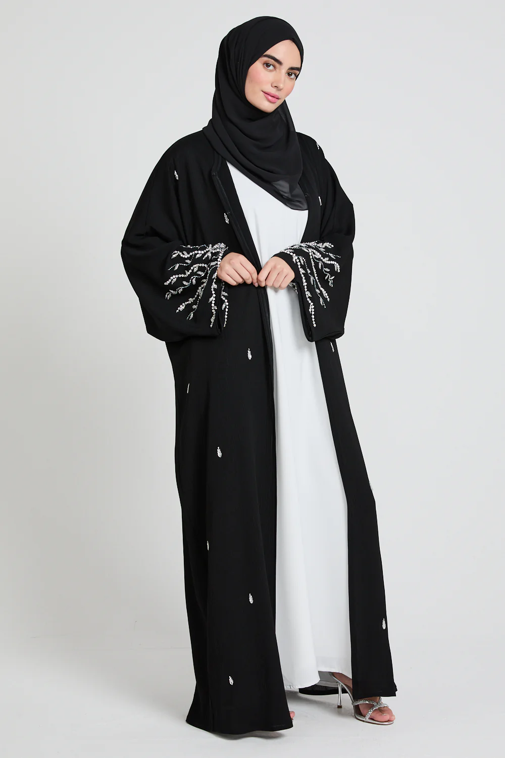 Premium Textured Embellished Open Farasha Abaya - Black