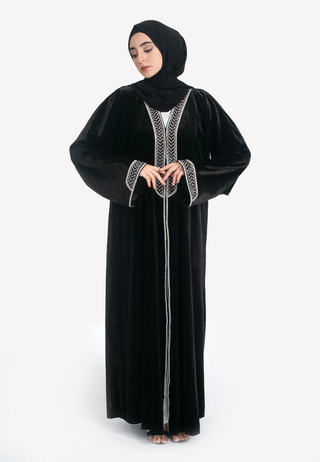 Luxury Black Velvet Embellished Open Abaya