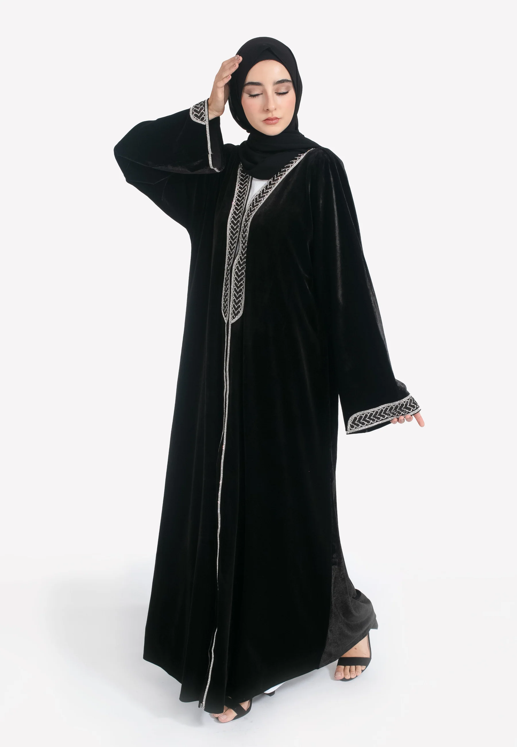 Luxury Black Velvet Embellished Open Abaya