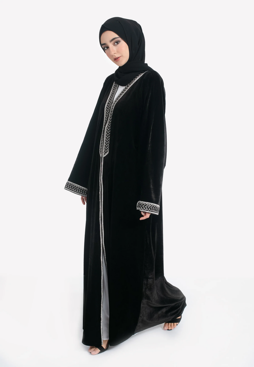 Luxury Black Velvet Embellished Open Abaya