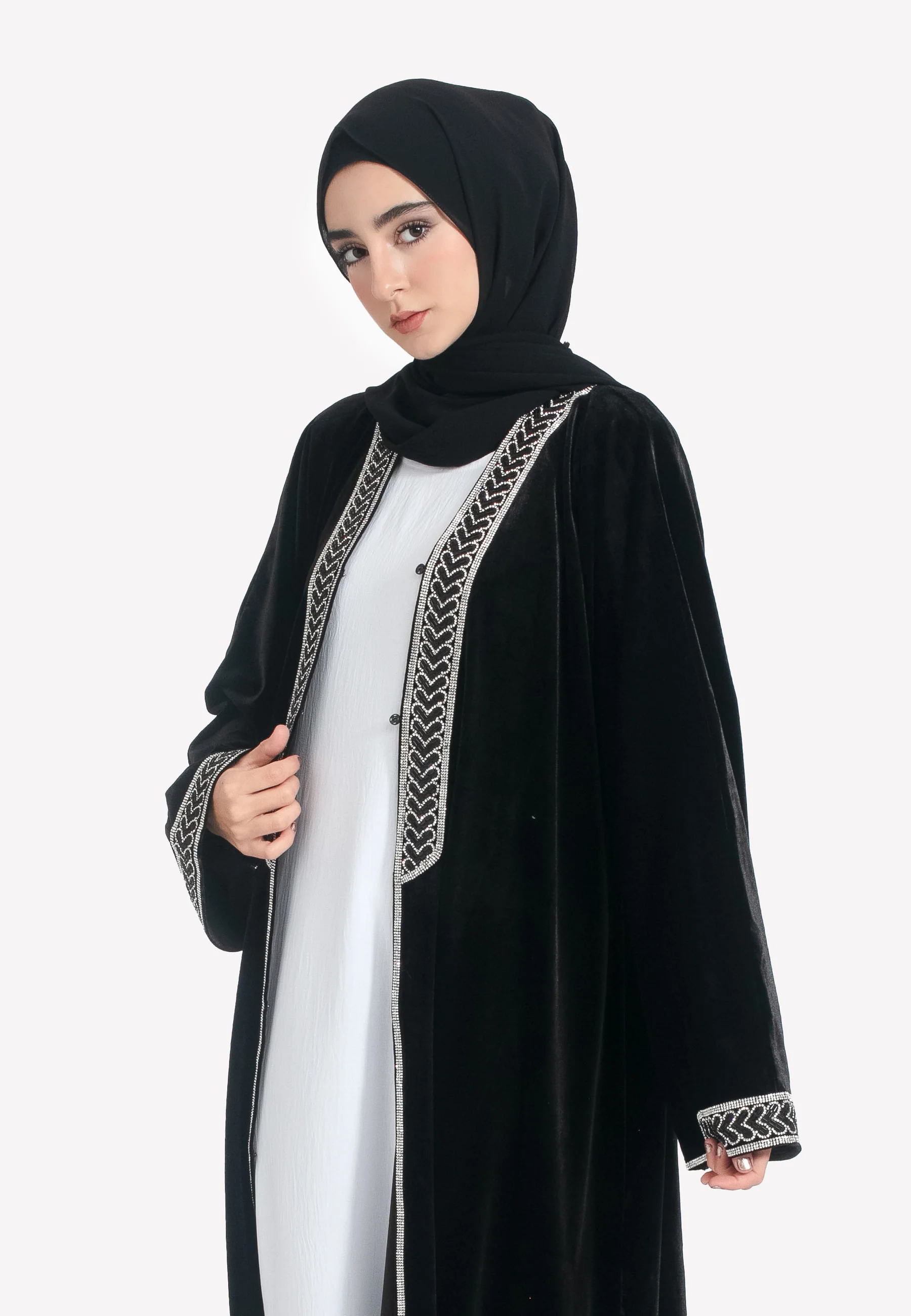 Luxury Black Velvet Embellished Open Abaya