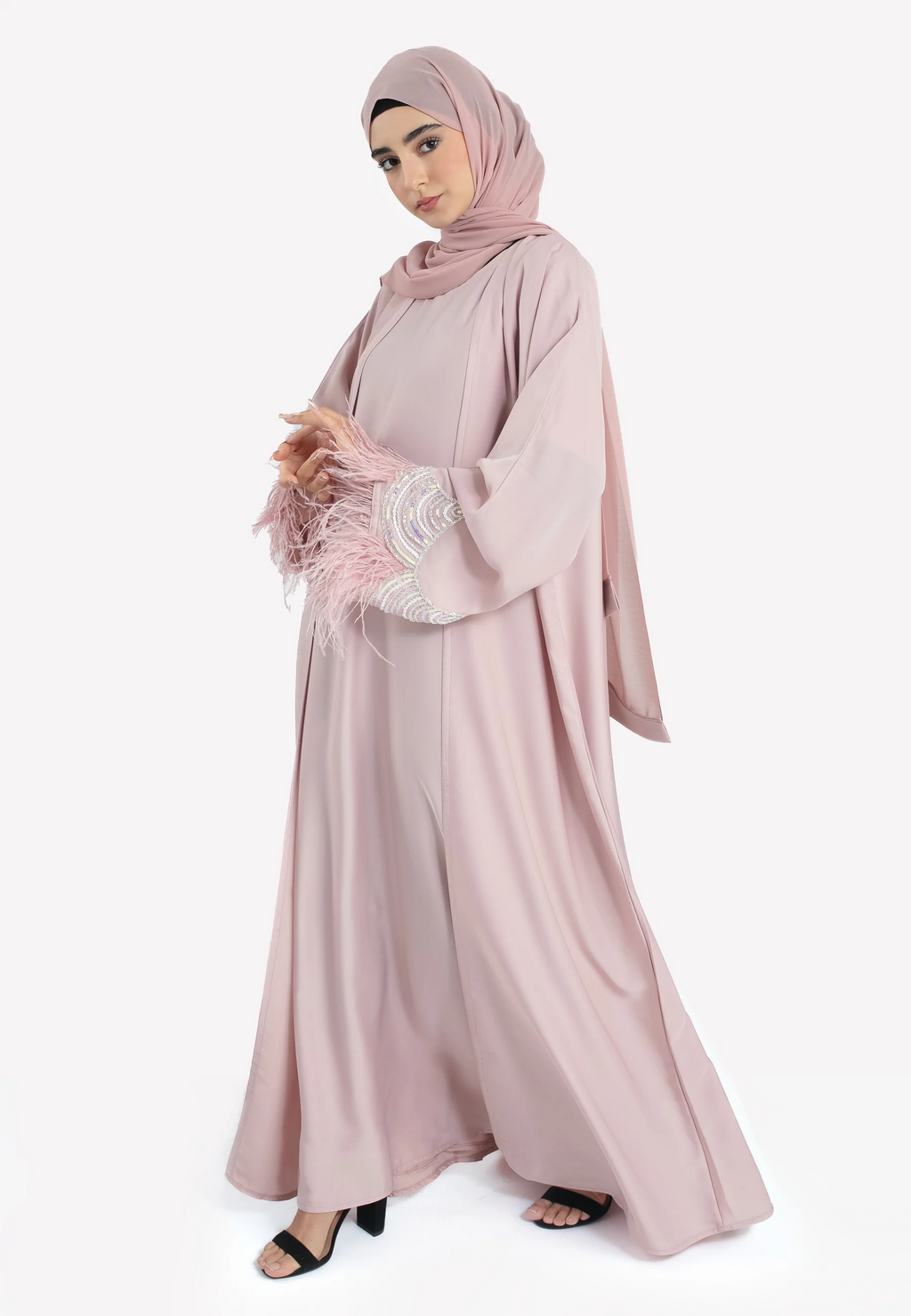 Luxury Rose Blush Feathered 4-Piece Abaya Set