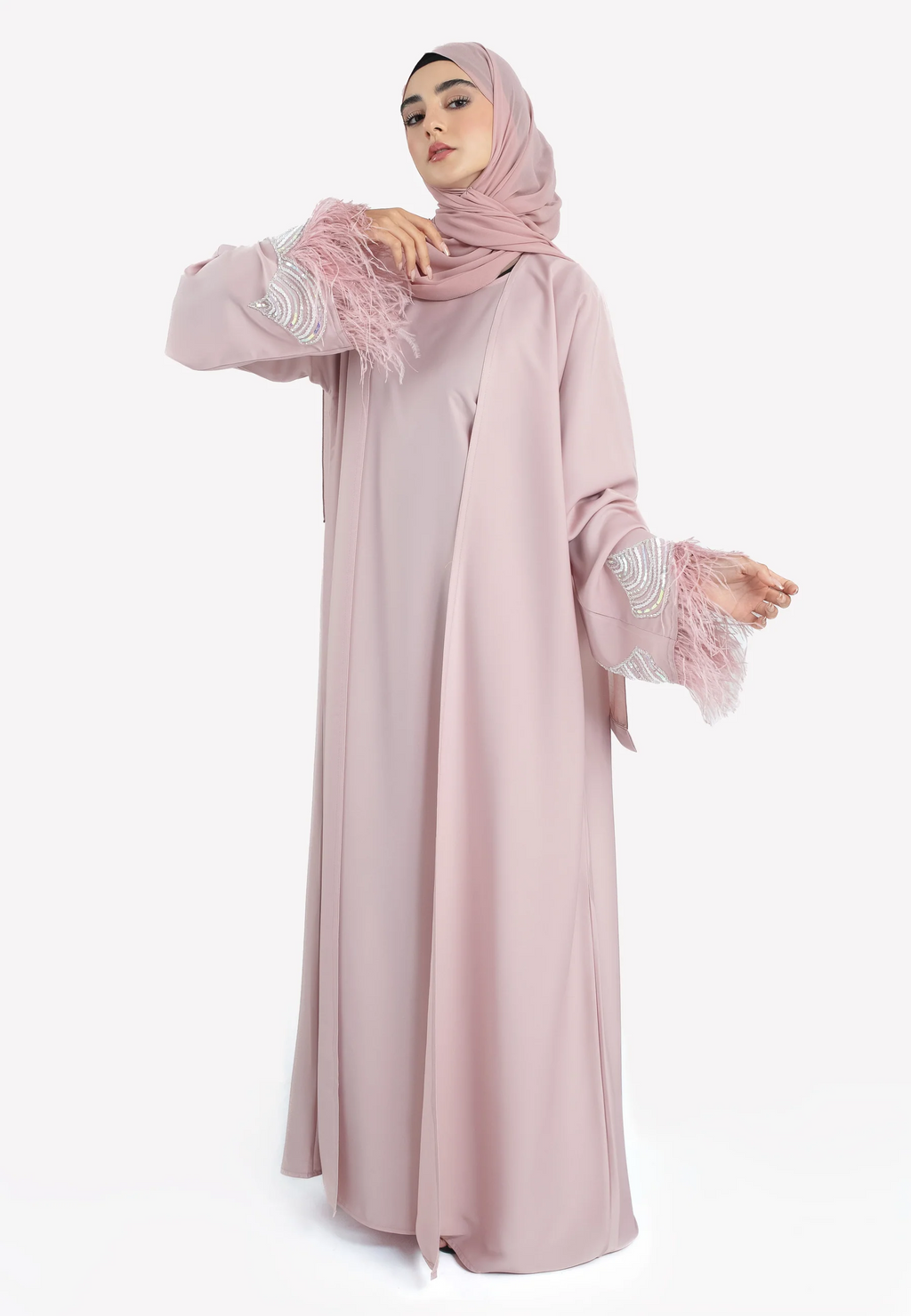 Luxury Rose Blush Feathered 4-Piece Abaya Set