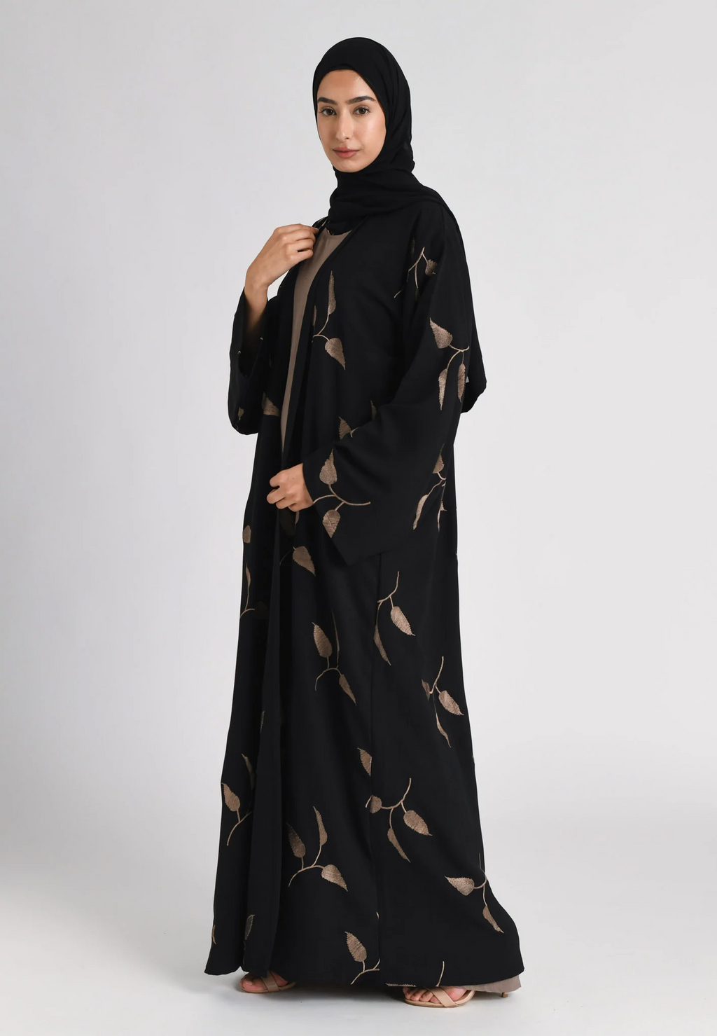 Taupe Leaf Embroidered Kimono Open Abaya Set