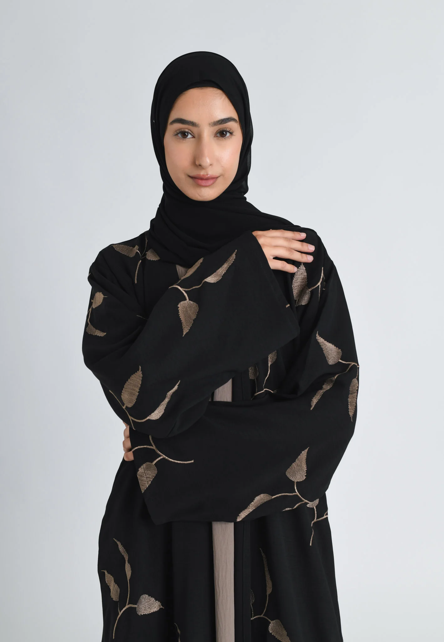 Taupe Leaf Embroidered Kimono Open Abaya Set