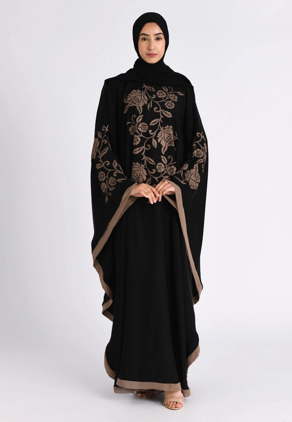 Taupe Rose Embroidered Farasha (Premium)