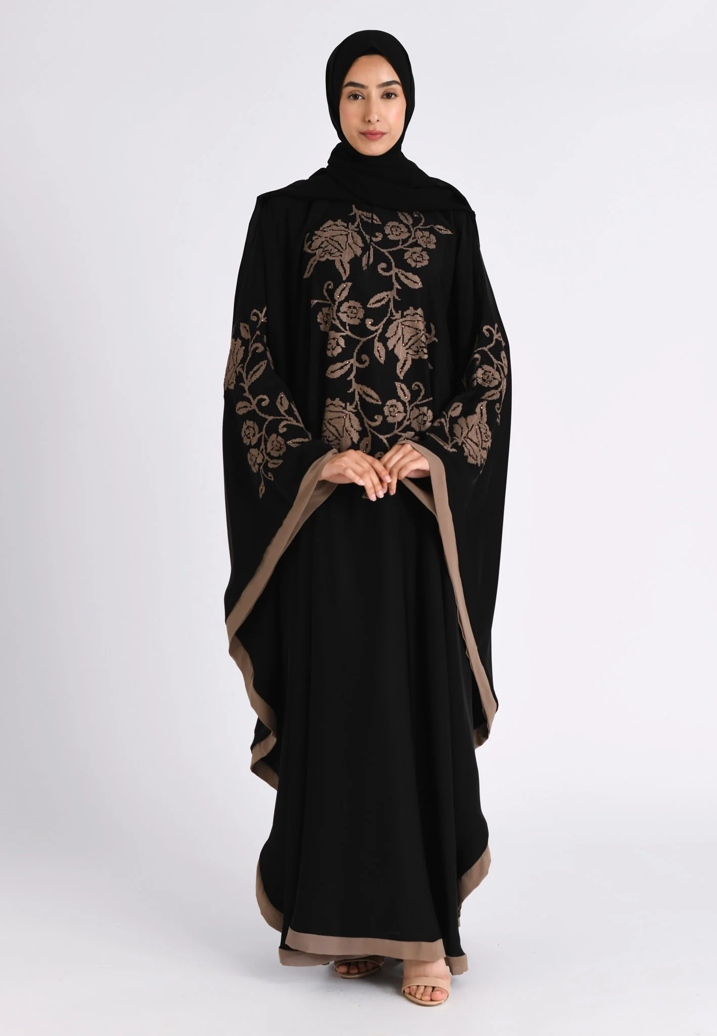 Taupe Rose Embroidered Farasha (Premium)