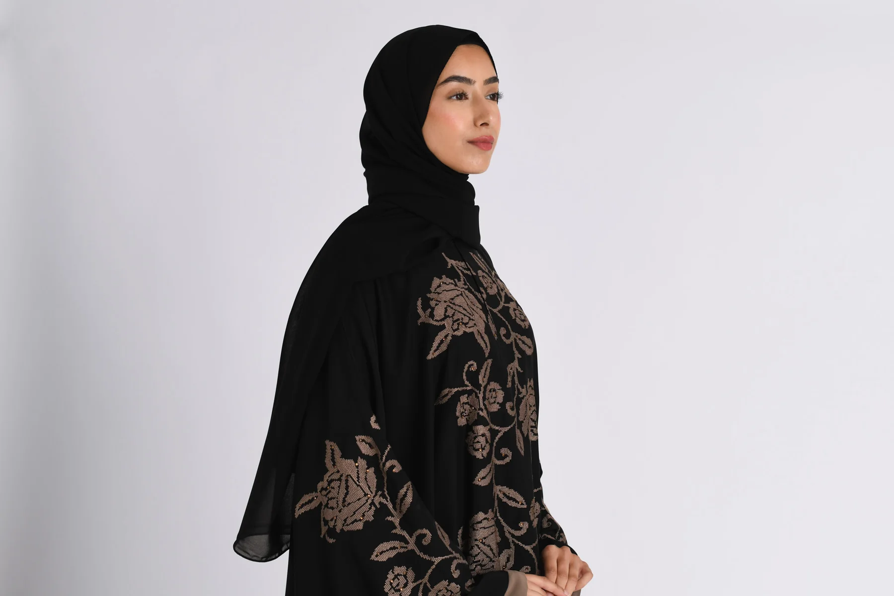 Taupe Rose Embroidered Farasha (Premium)