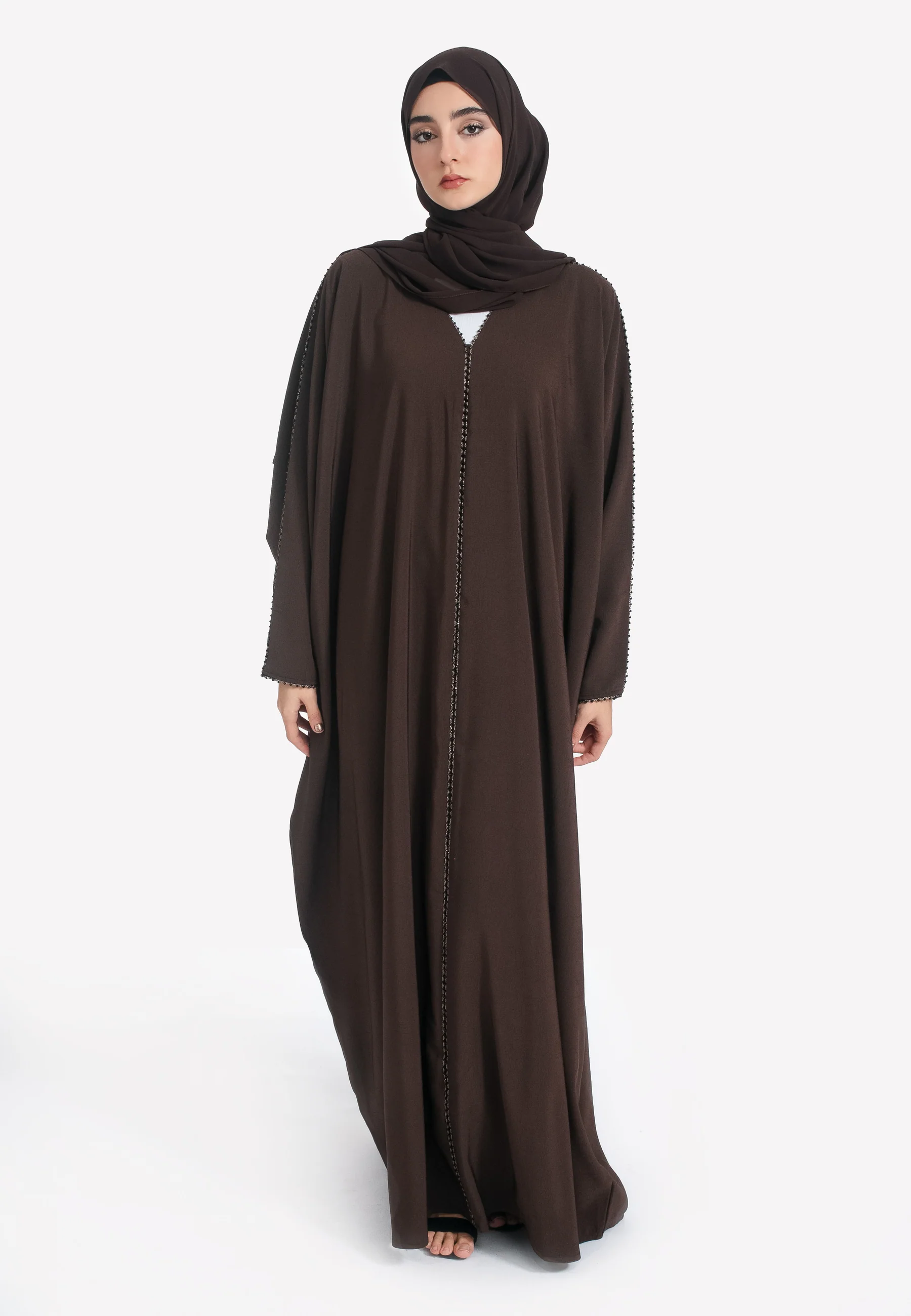 Brown Textured Closed Farasha with Dainty Embellishments