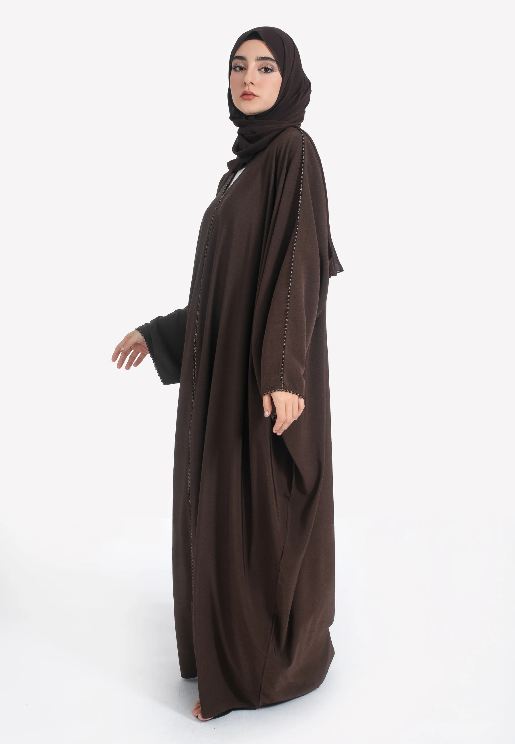 Brown Textured Closed Farasha with Dainty Embellishments