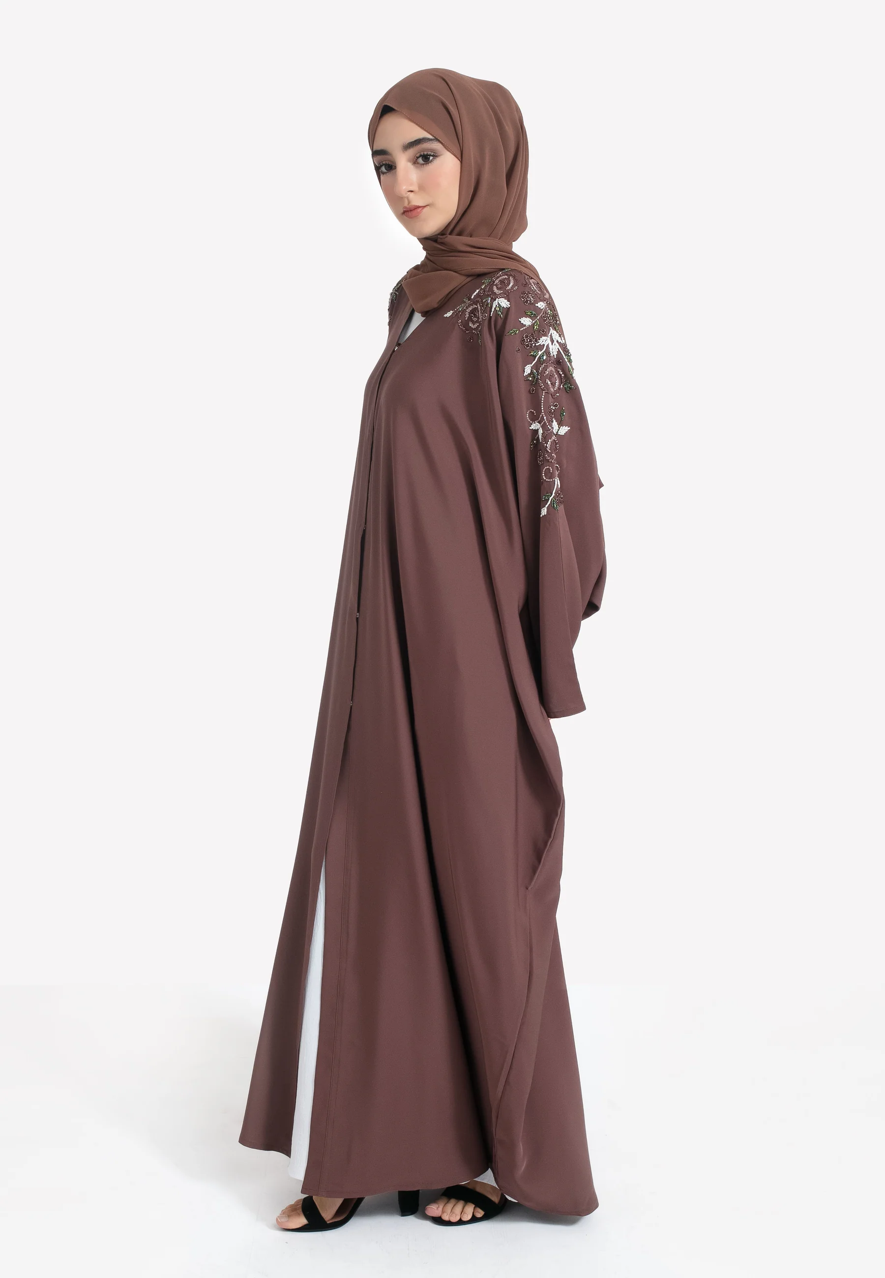 Taupe Floral Embellished Open Farasha