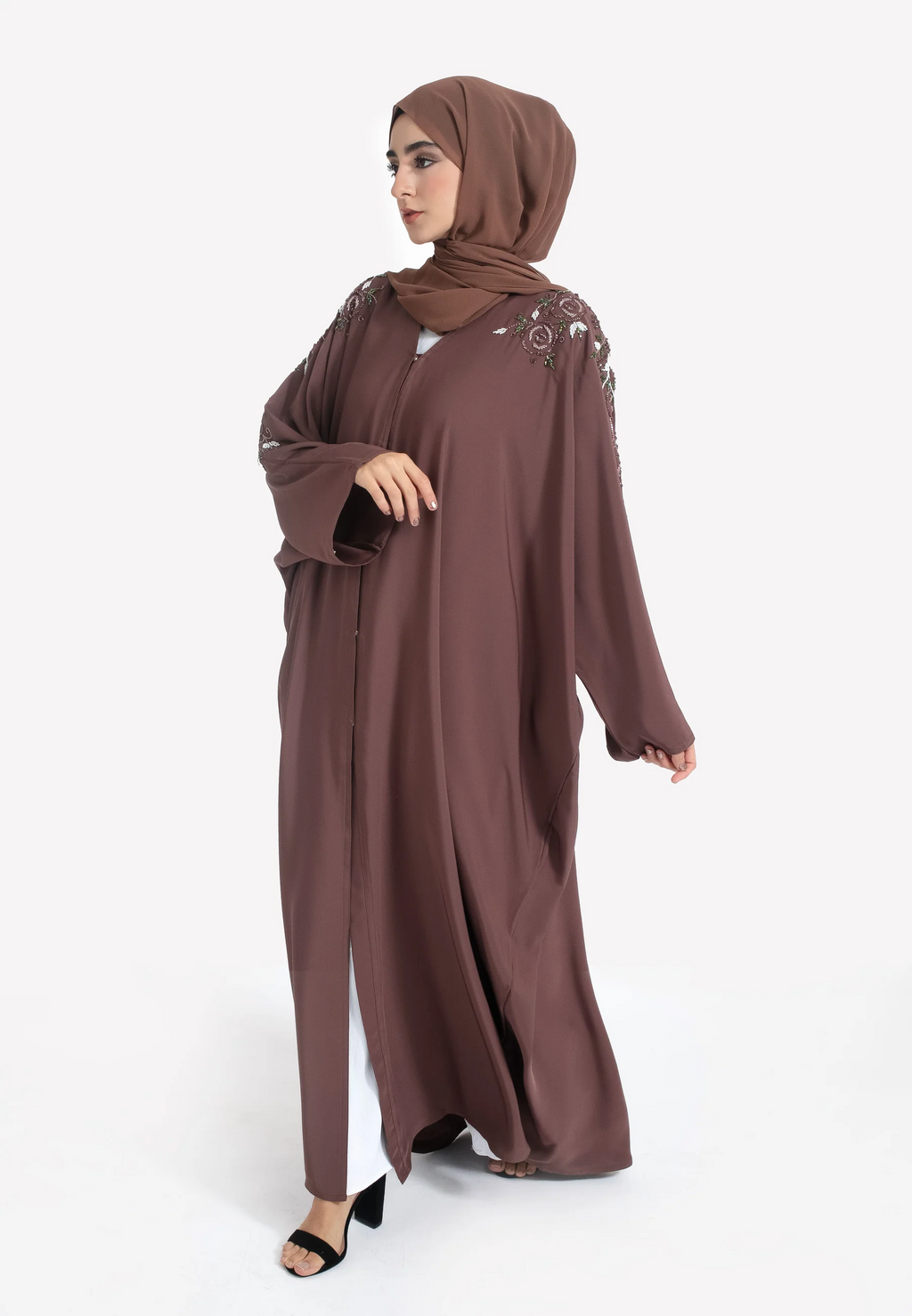 Taupe Floral Embellished Open Farasha