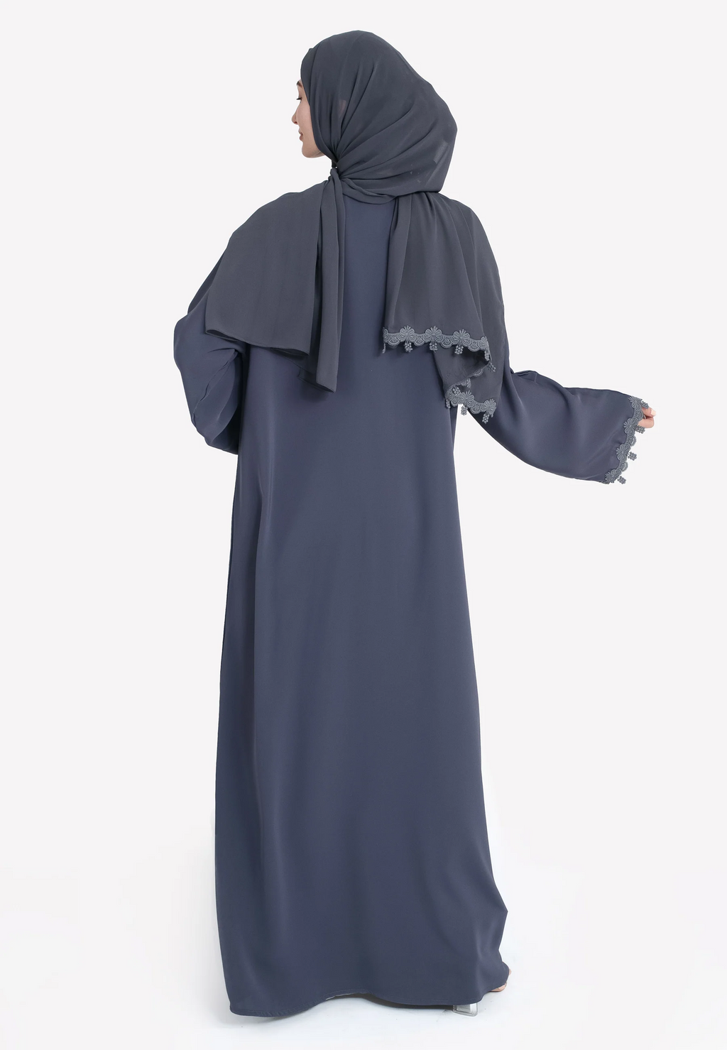 Grey Blossom Floral Lace Detailed Open Abaya Set