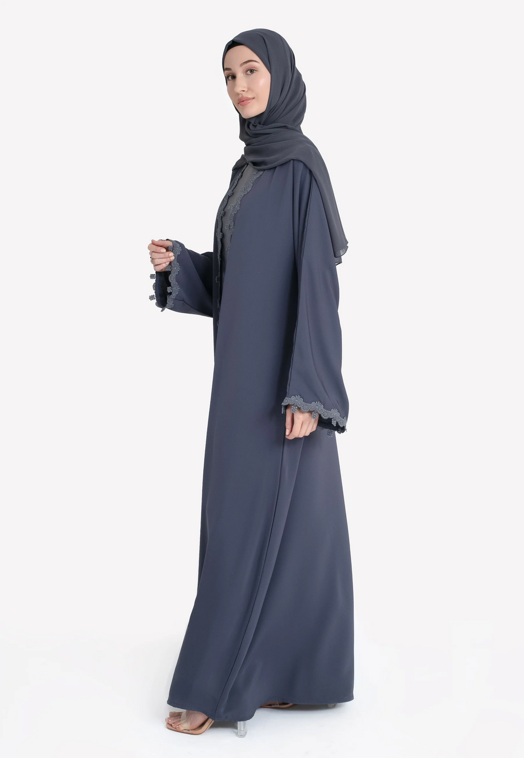 Grey Blossom Floral Lace Detailed Open Abaya Set
