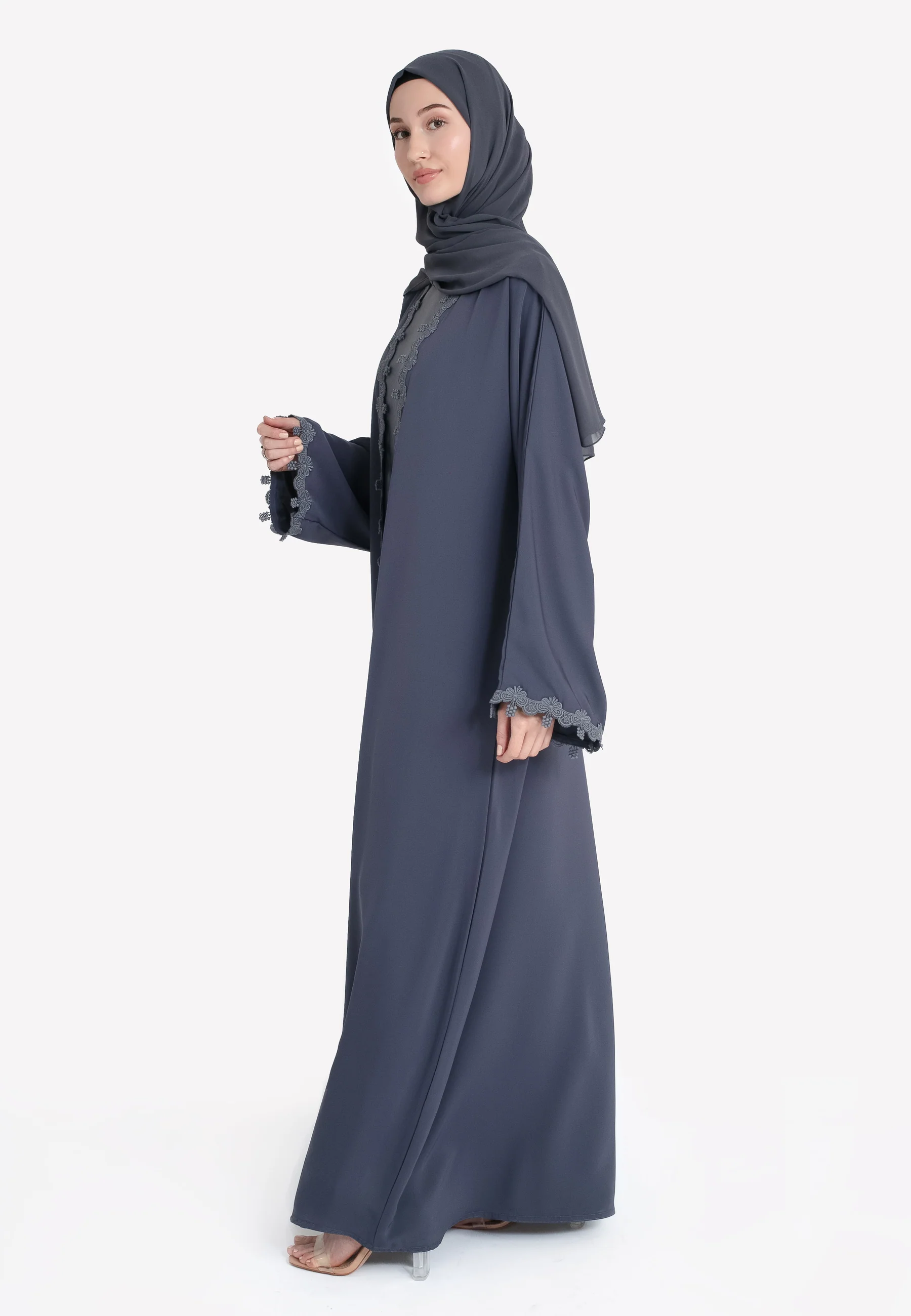 Grey Blossom Floral Lace Detailed Open Abaya Set