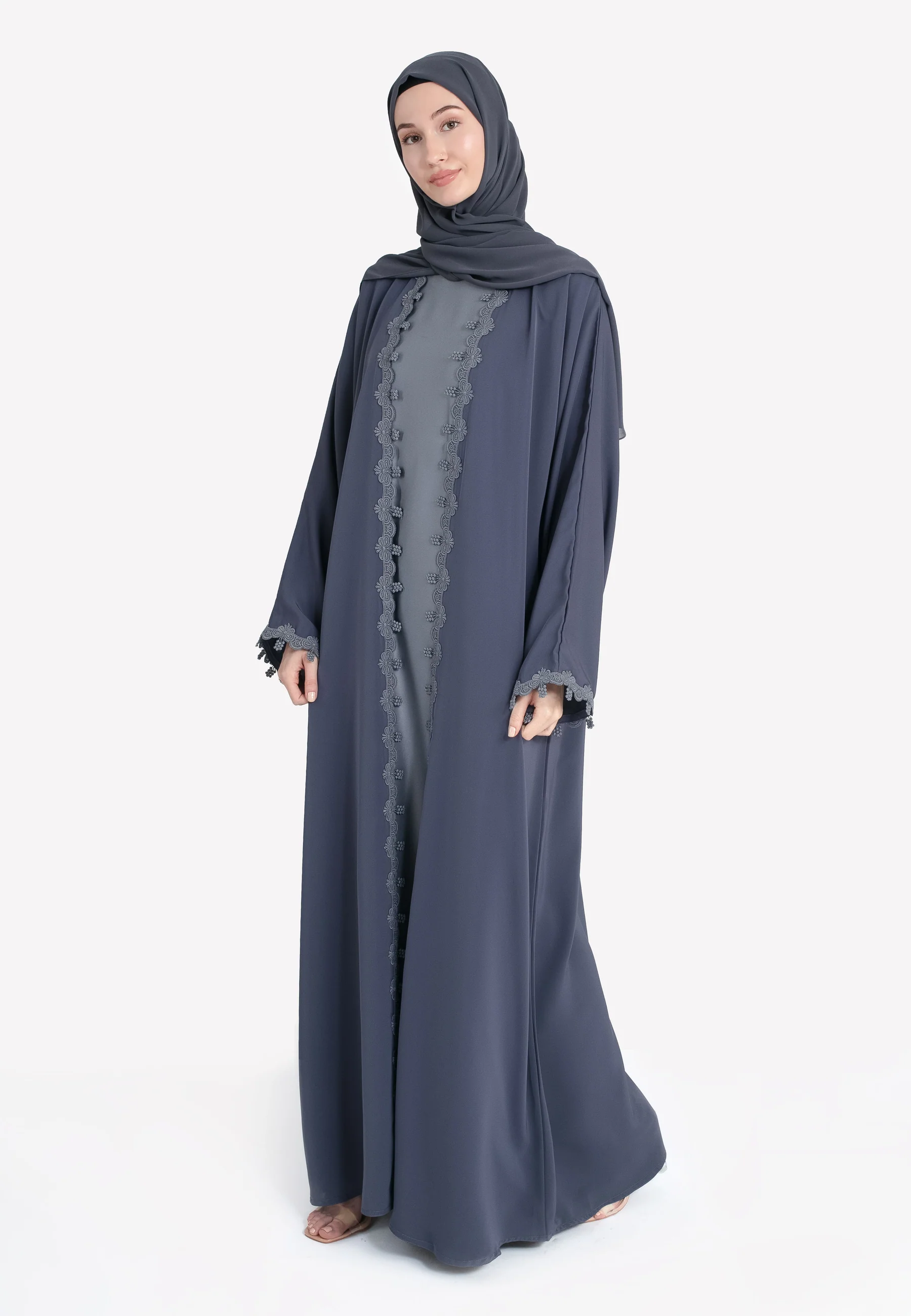 Grey Blossom Floral Lace Detailed Open Abaya Set