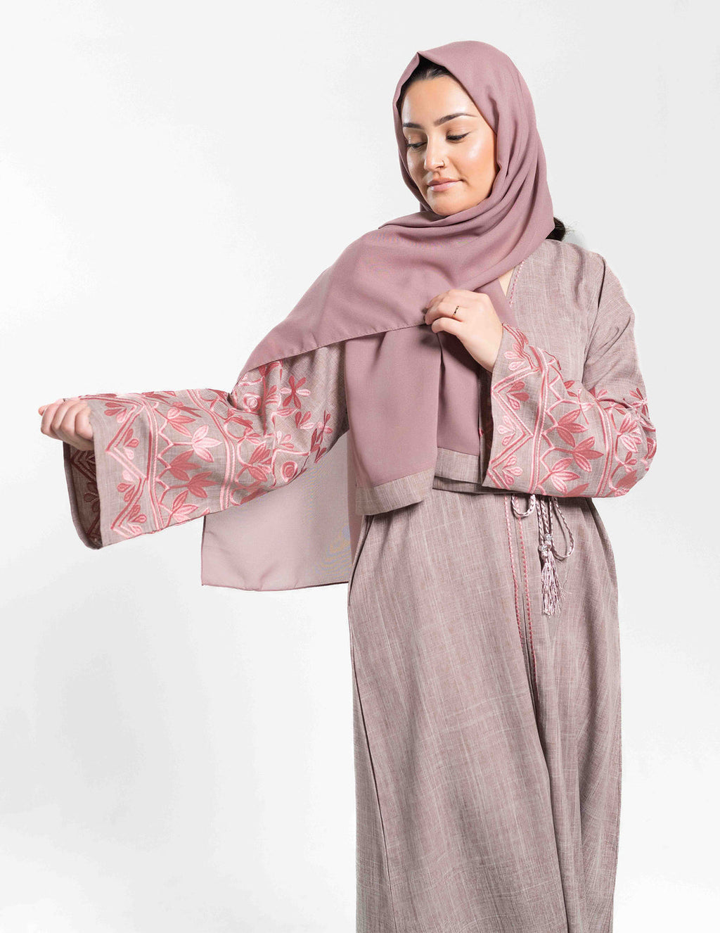 Pink Linen 'Ayma' Abaya with Sleeve Embroidery